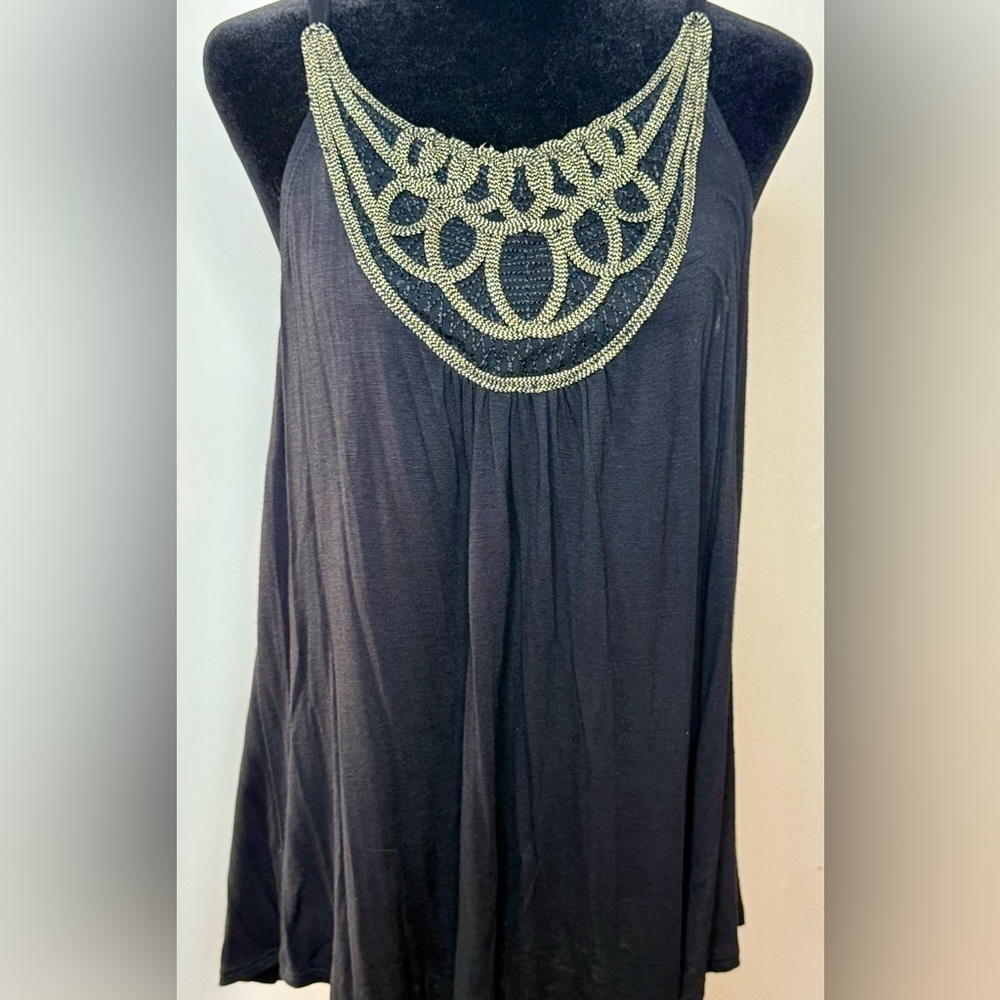 IZ Byer Y2K Black sleeveless tunic gold goddess chain neckline large EUC